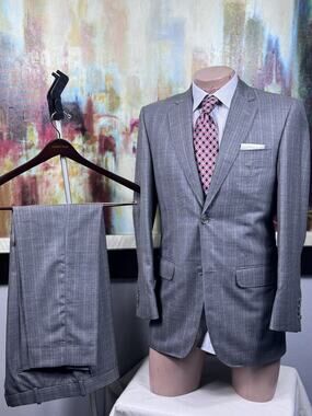Giovanni Custom Mens Gray Pinstripe 2 Piece Suit 38R Pants 34/29